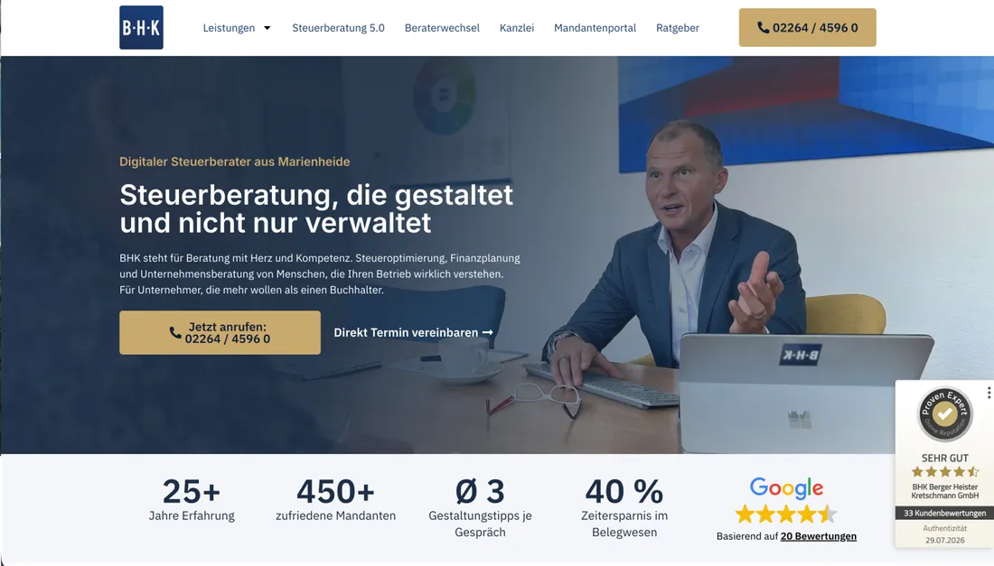 Website von BHK Steuerberatung – Marienheide