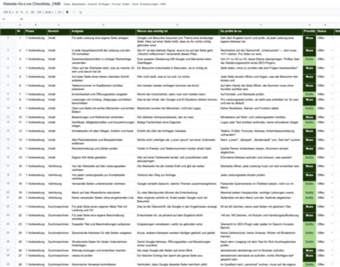 Vorschau der Go-Live-Checkliste als Tabelle mit 100 Punkten