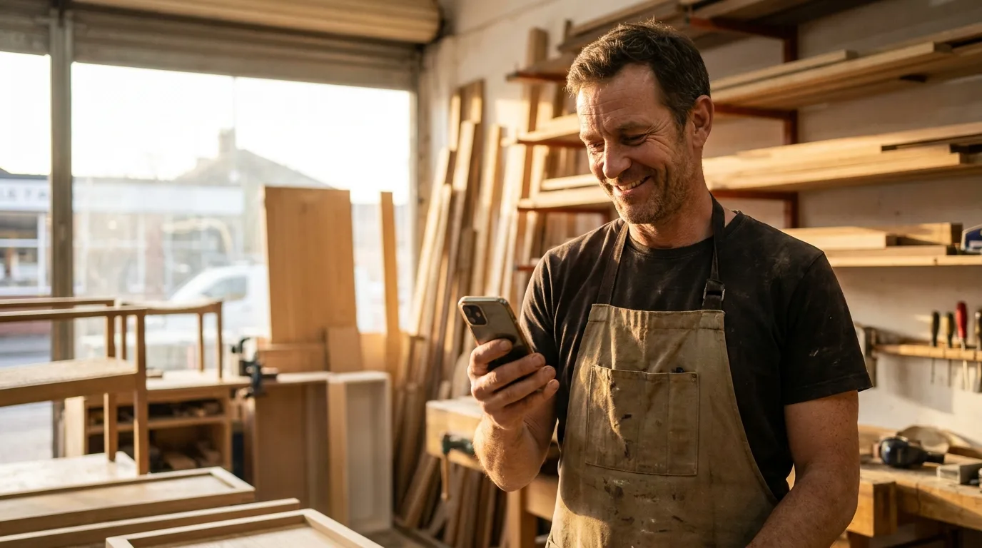 Lokaler Unternehmer schaut zufrieden aufs Smartphone