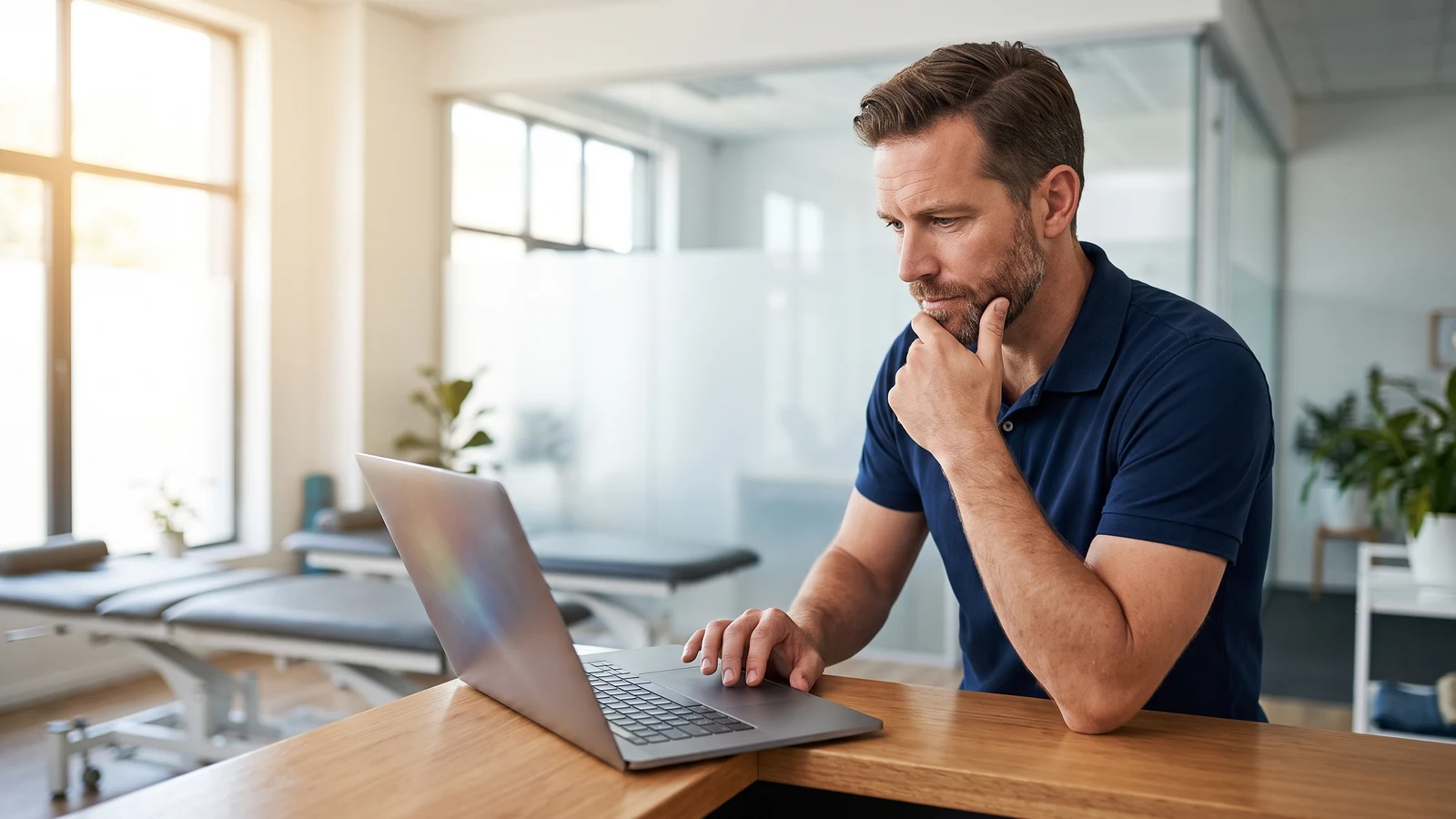 Physiotherapeut sitzt nachdenklich vor seinem Laptop und überlegt, ob sich Online Marketing für seine Praxis lohnt